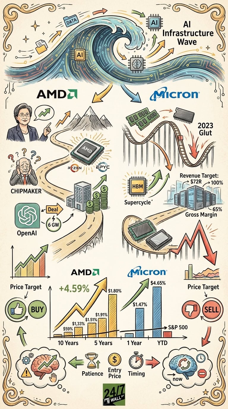 A hand-drawn style infographic comparing AMD and Micron stocks, featuring performance charts, chip illustrations, and business cycle metaphors like roads and roller coasters.