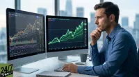 A man in a blue button-down shirt sits at a desk, intently looking at two computer monitors displaying detailed stock market charts with candlestick patterns and line graphs. His right hand rests on a keyboard, and his left hand supports his chin in a thoughtful pose. A gray coffee mug and a spiral notebook are on the white desk. In the blurred background, a cityscape with tall buildings is visible through a large window, conveying a modern office setting.