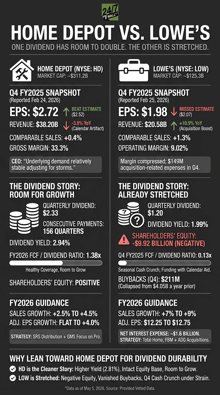 Infographic titled 'HOME DEPOT VS. LOWE'S: ONE DIVIDEND HAS ROOM TO DOUBLE. THE OTHER IS STRETCHED.' The graphic is divided into two main columns, comparing Home Depot (NYSE: HD) and Lowe's (NYSE: LOW). The Home Depot column (left) shows a Market Cap of ~$311.2B, Q4 FY2025 Snapshot with EPS: $2.72 (beat estimate), Revenue: $38.20B (-3.8% YoY), Comparable Sales: +0.4%, Gross Margin: 33.3%, and CEO quote. The Dividend Story for HD indicates Room for Growth with a Quarterly Dividend: $2.33, 156 Consecutive Payments, Dividend Yield: 2.94%, FY2026 FCF / Dividend Ratio: 1.38x (Healthy Coverage, Room to Grow), and Shareholders' Equity: POSITIVE. FY2026 Guidance shows Sales Growth: +2.5% TO +4.5% and Adj. EPS Growth: FLAT TO +4.0%. The Lowe's column (right) shows a Market Cap: ~$125.3B, Q4 FY2025 Snapshot with EPS: $1.98 (missed estimate), Revenue: $20.58B (+10.9% YoY), Comparable Sales: +1.3%, Operating Margin: 9.02%, and text about compressed margin. The Dividend Story for LOW indicates Already Stretched with Quarterly Dividend: $1.20, Dividend Yield: 1.99%, Shareholders' Equity: -$9.92 BILLION (NEGATIVE), Q4 FY2025 FCF / Dividend Ratio: 0.13x (Seasonal Cash Crunch), and Buybacks (Q4): $211M. FY2026 Guidance shows Sales Growth: +7% TO +9% and Adj. EPS: $12.25 TO $12.75. The bottom section summarizes 'WHY LEAN TOWARD HOME DEPOT FOR DIVIDEND DURABILITY', listing HD as the Cleaner Story and LOW as Stretched. Data is as of May 5, 2026.