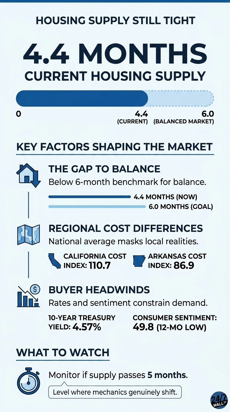 An infographic titled 'Housing Supply Still Tight' with a main gauge showing the 'Current Housing Supply' at 4.4 months, below the 6.0 months for a 'Balanced Market'. Below this, a section on 'Key Factors Shaping The Market' includes three subsections: 'The Gap To Balance' with current supply at 4.4 months and a goal of 6.0 months; 'Regional Cost Differences' with California Cost Index at 110.7 and Arkansas Cost Index at 86.9, accompanied by state map icons; and 'Buyer Headwinds' showing 10-Year Treasury Yield at 4.57% and Consumer Sentiment at 49.8 (12-Mo Low), with a bar chart icon. The final section, 'What To Watch', states to 'Monitor if supply passes 5 months' as the 'Level where mechanics genuinely shift', with a stopwatch icon. All text is dark gray on a light blue background, with data representations and icons in shades of blue.