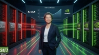 A smiling woman with short dark hair and glasses, wearing a dark suit and white top, stands centrally in a dimly lit, futuristic data center. To her left, server racks emit red light, displaying "AMD EPYC" logos. To her right, server racks emit green light, featuring "NVIDIA" logos. Streaks of red and green light flow across the floor towards her. Behind her, a large screen shows an upward-trending line graph labeled "CPU-to-GPU Ratio," with "AMD" and "NVIDIA" logos flanking it. A "24/7 WALL ST" logo is visible in the bottom left.