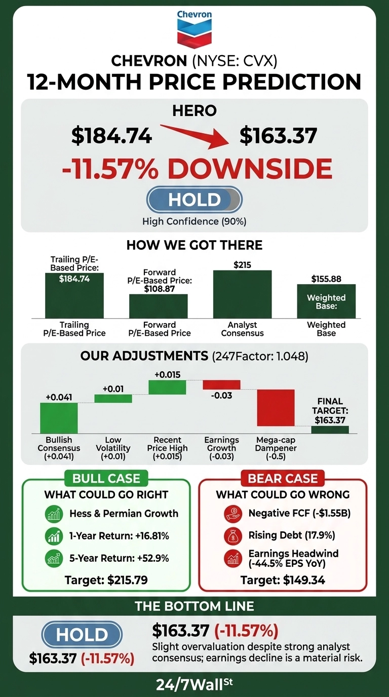 An infographic titled 'Chevron (NYSE: CVX) 12-Month Price Prediction' with a dark green and light gray background. The hero section displays a current price of $184.74 pointing with a red arrow to a target price of $163.37, indicating an '11.57% Downside' and a 'Hold' rating with 'High Confidence (90%)'. The section 'How We Got There' shows bar charts for 'Trailing P/E-Based Price: $184.74', 'Forward P/E-Based Price: $108.87', 'Analyst Consensus: $215', and 'Weighted Base: $155.88'. The 'Our Adjustments (247Factor: 1.048)' section features a waterfall-style chart illustrating adjustments: 'Bullish Consensus (+0.041)', 'Low Volatility (+0.01)', 'Recent Price High (+0.015)', 'Earnings Growth (-0.03)', and 'Mega-cap Dampener (-0.5)', culminating in a 'FINAL TARGET: $163.37'. A 'Bull Case' section lists 'Hess & Permian Growth', '1-Year Return: +16.81%', '5-Year Return: +52.9%', with a 'Target: $215.79'. A 'Bear Case' section highlights 'Negative FCF (-$1.55B)', 'Rising Debt (17.9%)', 'Earnings Headwind (-44.5% EPS YOY)', with a 'Target: $149.34'. The 'THE BOTTOM LINE' section reiterates 'HOLD' for '$163.37 (-11.57%)' and states, 'Slight overvaluation despite strong analyst consensus; earnings decline is a material risk.' The 24/7WallSt logo is at the bottom.