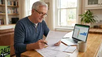 A man with gray hair and glasses sits at a wooden table, concentrating on a document labeled 'FINANCIAL STATEMENT' he holds in his hands, with a pen ready. To his right, an open silver laptop shows a financial spreadsheet and a blue line graph. A mug and additional papers are scattered on the table in a well-lit home setting.