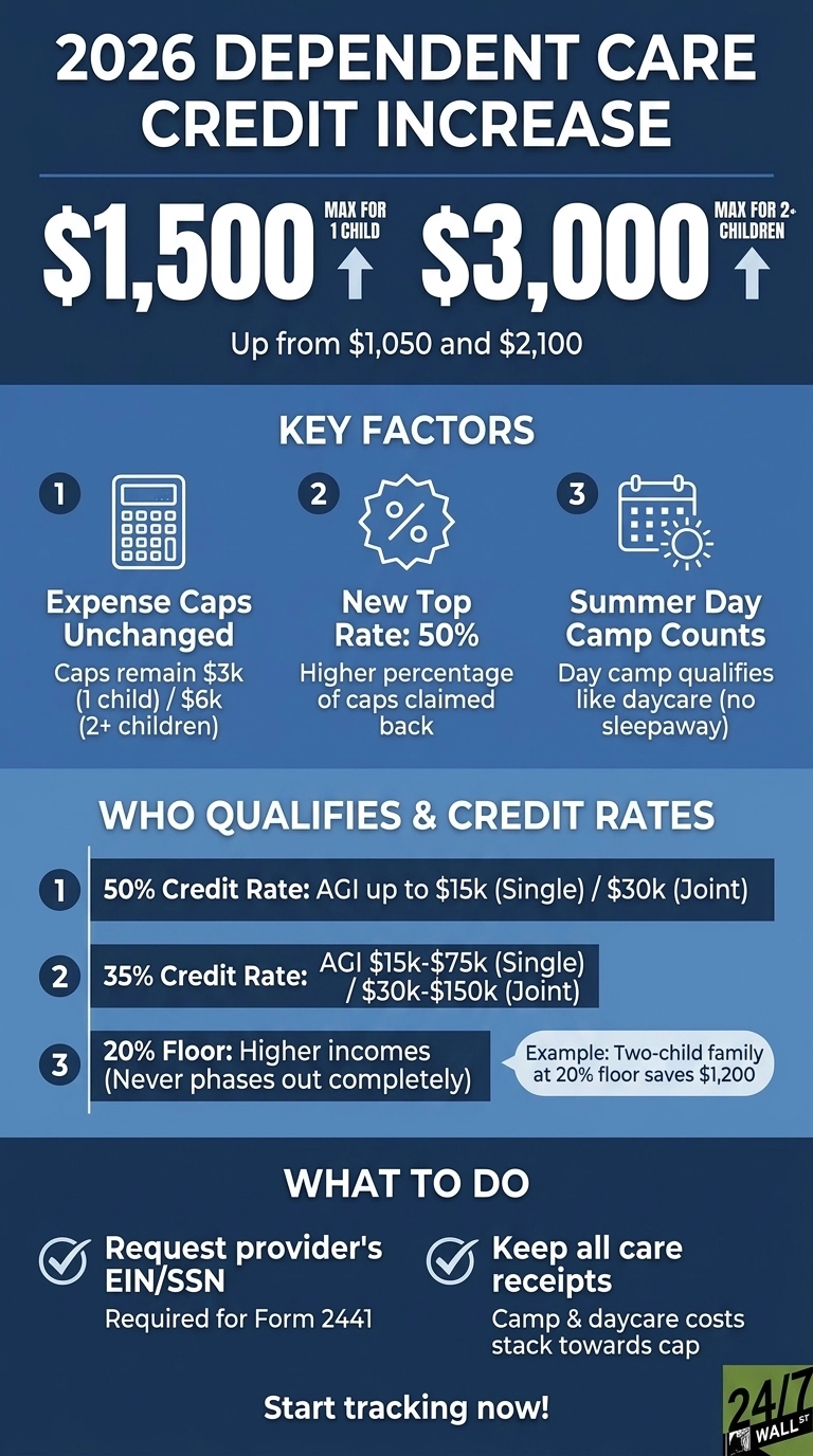 An infographic titled '2026 Dependent Care Credit Increase' on a dark blue background. The top section shows large white text indicating a $1,500 maximum for 1 child and $3,000 maximum for 2 or more children, noting this is up from $1,050 and $2,100 respectively. Below, a 'KEY FACTORS' section lists three points with icons: 1. 'Expense Caps Unchanged' (calculator icon), stating caps remain $3k (1 child) / $6k (2+ children); 2. 'New Top Rate: 50%' (percentage icon), explaining a higher percentage of caps claimed back; 3. 'Summer Day Camp Counts' (calendar with sun icon), clarifying day camp qualifies like daycare (no sleepaway). The 'WHO QUALIFIES & CREDIT RATES' section details three credit tiers: 1. '50% Credit Rate' for AGI up to $15k (Single) / $30k (Joint); 2. '35% Credit Rate' for AGI $15k-$75k (Single) / $30k-$150k (Joint); 3. '20% Floor: Higher incomes (Never phases out completely),' with an example of a two-child family at 20% floor saves $1,200. The 'WHAT TO DO' section advises to 'Request provider's EIN/SSN' for Form 2441 and 'Keep all care receipts' as camp & daycare costs stack towards the cap. The bottom text reads 'Start tracking now!' and includes a '24/7 WALL ST' logo.