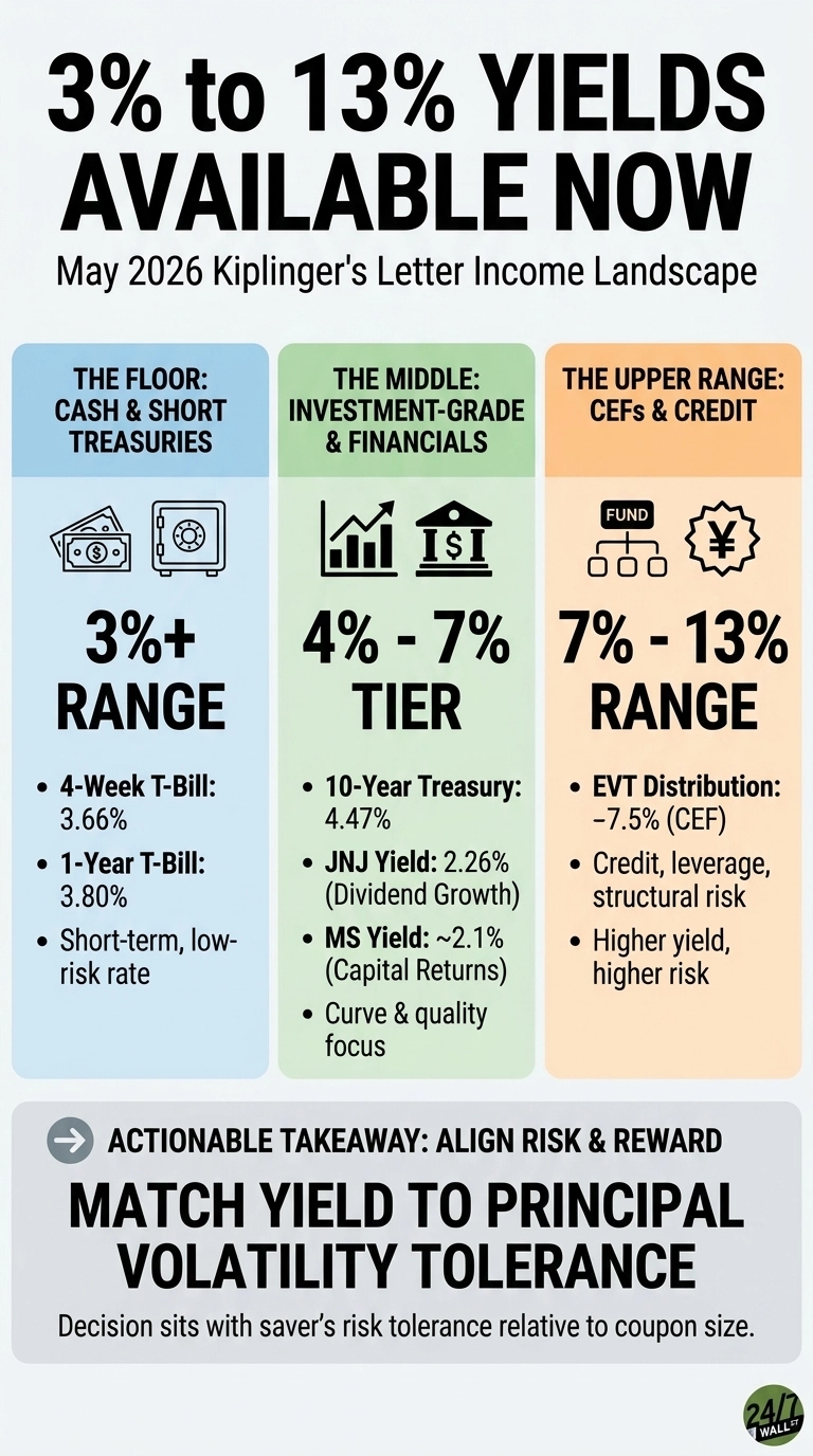 An infographic titled '3% to 13% YIELDS AVAILABLE NOW' from May 2026 Kiplinger's Letter Income Landscape. It is divided into three vertical sections, each representing a risk tier. The first section, 'THE FLOOR: CASH & SHORT TREASURIES' in light blue, shows icons of cash and a safe, has a '3%+ RANGE' with examples: 4-Week T-Bill (3.66%), 1-Year T-Bill (3.80%), described as a 'Short-term, low-risk rate'. The second section, 'THE MIDDLE: INVESTMENT-GRADE & FINANCIALS' in light green, shows icons of a bar chart and a bank, has a '4% - 7% TIER' with examples: 10-Year Treasury (4.47%), JNJ Yield (2.26% with Dividend Growth), MS Yield (~2.1% with Capital Returns), and notes 'Curve & quality focus'. The third section, 'THE UPPER RANGE: CEFS & CREDIT' in light orange, shows icons of a fund structure and a Yen/Yuan symbol, has a '7% - 13% RANGE' with examples: EVT Distribution (~7.5% CEF), and notes 'Credit, leverage, structural risk' and 'Higher yield, higher risk'. Below these sections, an 'ACTIONABLE TAKEAWAY: ALIGN RISK & REWARD' advises to 'MATCH YIELD TO PRINCIPAL VOLATILITY TOLERANCE' and states, 'Decision sits with saver's risk tolerance relative to coupon size.'