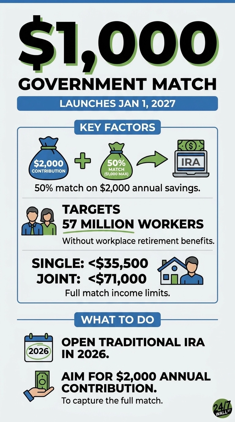 An infographic titled '$1,000 Government Match' which launches January 1, 2027. It is divided into 'Key Factors' and 'What to Do' sections. Key Factors shows icons of a money bag with '$2,000 CONTRIBUTION' and another with '50% MATCH ($1,000 MAX)' leading to an IRA icon on a laptop, explaining '50% match on $2,000 annual savings.' It targets '57 MILLION WORKERS Without workplace retirement benefits.' Income limits are stated as 'SINGLE: <$35,500' and 'JOINT: <$71,000' for 'Full match income limits.' The 'What to Do' section advises to 'OPEN TRADITIONAL IRA IN 2026' with a calendar icon showing 2026, and to 'AIM FOR $2,000 ANNUAL CONTRIBUTION' with a hand holding money icon, to 'capture the full match.'