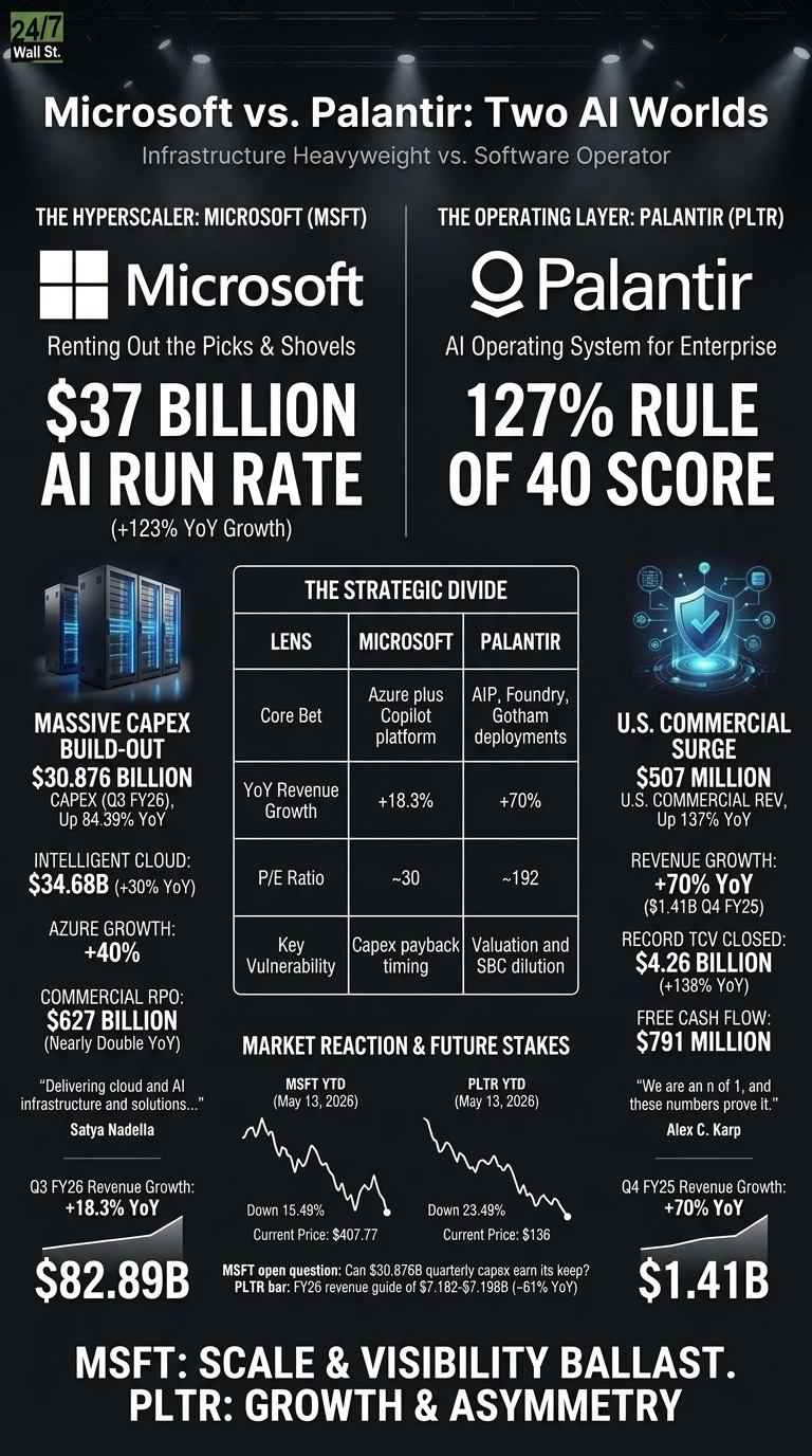 An infographic titled 'Microsoft vs. Palantir: Two AI Worlds' with a dark background. It compares Microsoft (MSFT) on the left and Palantir (PLTR) on the right. For Microsoft, it lists 'THE HYPERSCALER' with a $37 BILLION AI RUN RATE (+123% YoY Growth), a graphic of server racks, and 'MASSIVE CAPEX BUILD-OUT $30.876 BILLION' (Q3 FY26, Up 84.39% YoY). Other metrics include 'INTELLIGENT CLOUD: $34.68B (+30% YoY)', 'AZURE GROWTH: +40%', and 'COMMERCIAL RPO: $627 BILLION'. For Palantir, it lists 'THE OPERATING LAYER' with a '127% RULE OF 40 SCORE', a graphic of a shield with data connections, and 'U.S. COMMERCIAL SURGE $507 MILLION' (Up 137% YoY). Other metrics include 'REVENUE GROWTH: +70% YoY' ($1.41B Q4 FY25), 'RECORD TCV CLOSED: $4.26 BILLION' (+138% YoY), and 'FREE CASH FLOW: $791 MILLION'. A central table, 'THE STRATEGIC DIVIDE', compares Microsoft and Palantir on 'Core Bet', 'YoY Revenue Growth' (+18.3% vs +70%), 'P/E Ratio' (~30 vs ~192), and 'Key Vulnerability'. Below, 'MARKET REACTION & FUTURE STAKES' shows two downward-trending line charts for 'MSFT YTD (May 13, 2026)' at 'Down 15.49%' ($407.77) and 'PLTR YTD (May 13, 2026)' at 'Down 23.49%' ($136). Additional figures are Microsoft's Q3 FY26 Revenue Growth +18.3% YoY for $82.89B and Palantir's Q4 FY25 Revenue Growth +70% YoY for $1.41B. The bottom states 'MSFT: SCALE & VISIBILITY BALLAST. PLTR: GROWTH & ASYMMETRY'.