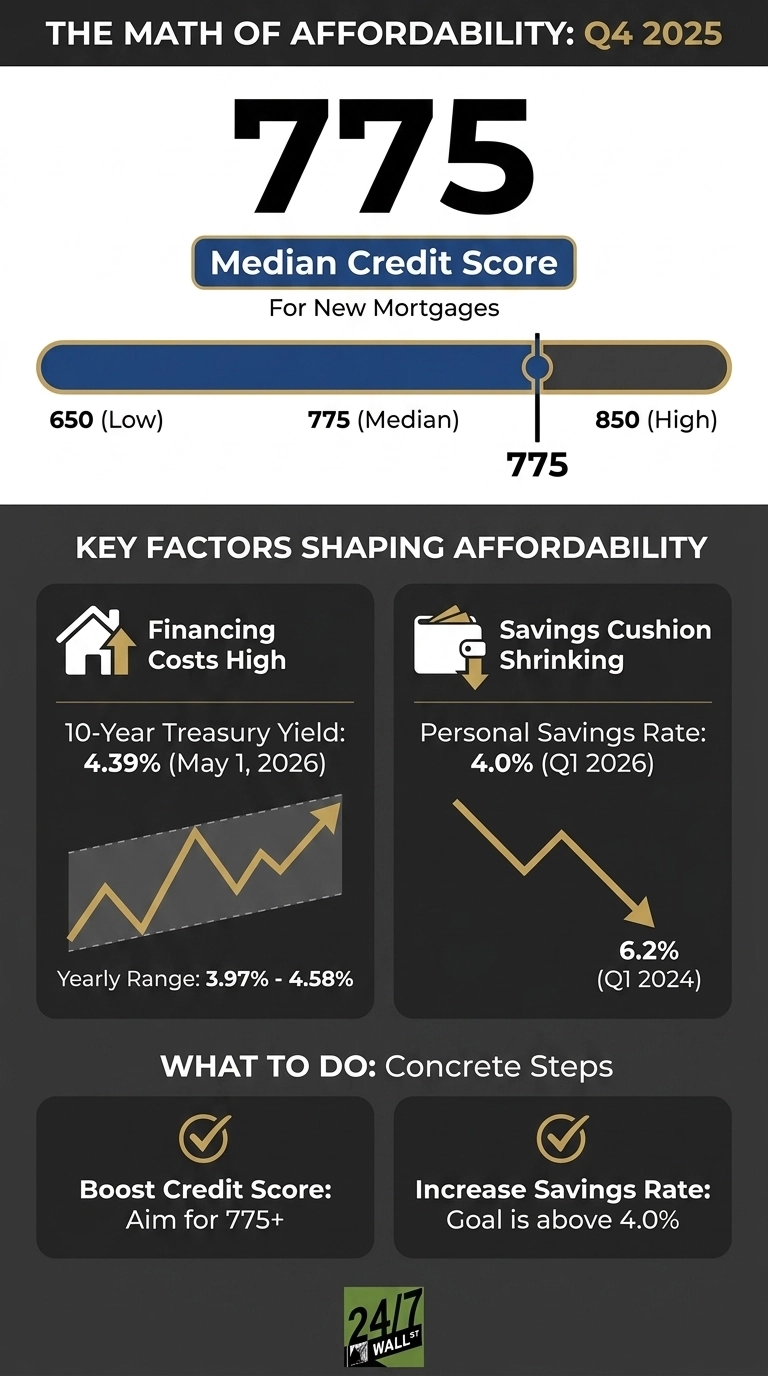 An infographic titled 'The Math of Affordability: Q4 2025' on a dark gray background. The top section prominently displays '775' as the Median Credit Score For New Mortgages, indicated on a horizontal bar that ranges from 650 (Low) to 850 (High), with a marker at 775. The middle section, 'KEY FACTORS SHAPING AFFORDABILITY', contains two information boxes. The first box, 'Financing Costs High', features a house icon with an upward arrow and states '10-Year Treasury Yield: 4.39% (May 1, 2026)' with a rising line graph showing a 'Yearly Range: 3.97% - 4.58%'. The second box, 'Savings Cushion Shrinking', shows a wallet icon with a downward arrow and provides 'Personal Savings Rate: 4.0% (Q1 2026)' with a falling line graph that previously reached '6.2% (Q1 2024)'. The bottom section, 'WHAT TO DO: Concrete Steps', offers two recommendations: 'Boost Credit Score: Aim for 775+' and 'Increase Savings Rate: Goal is above 4.0%', both accompanied by a checkmark icon. The '24/7 WALL ST' logo is visible at the very bottom.