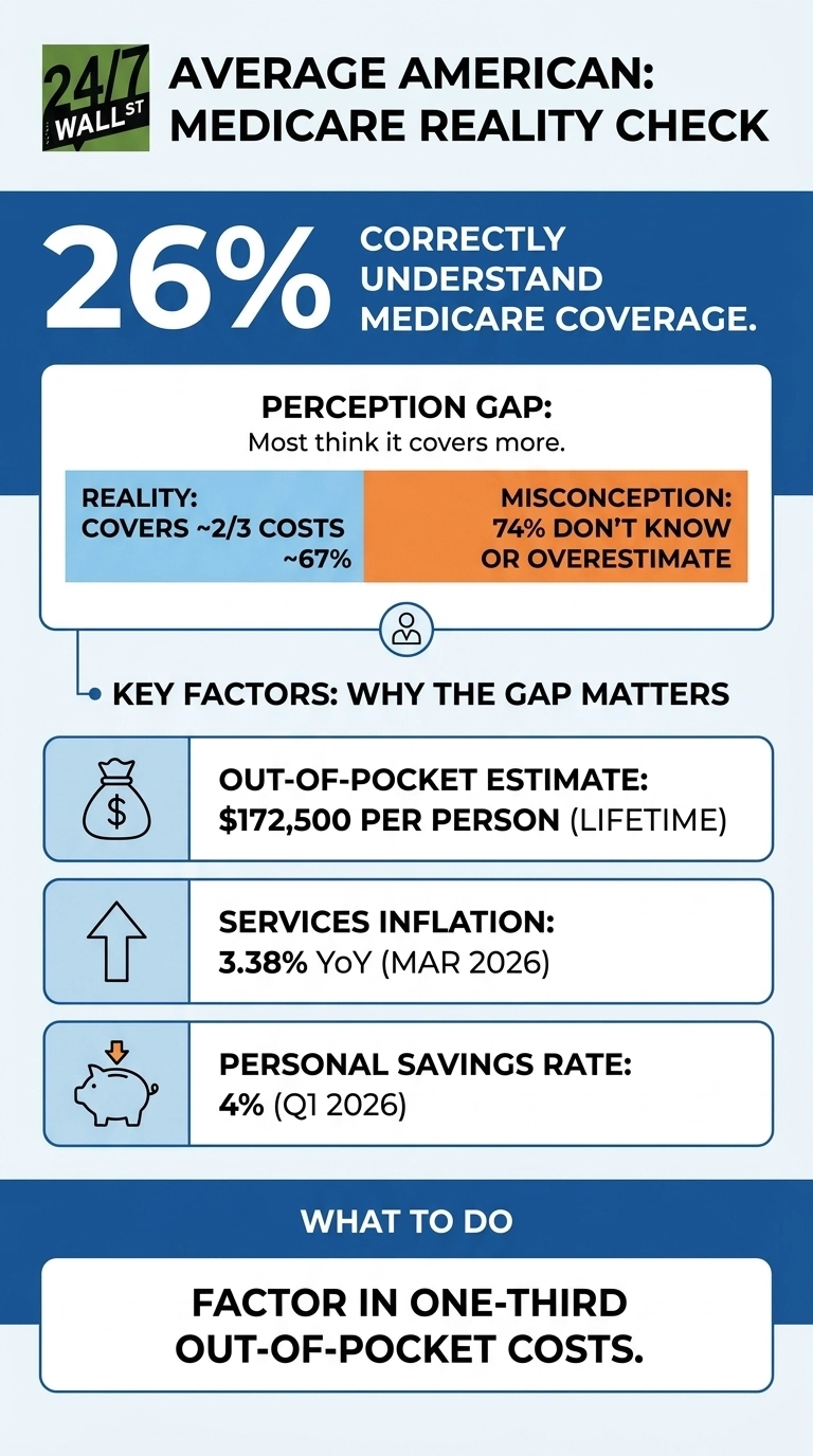 An infographic titled 'Average American: Medicare Reality Check' by 24/7 Wall St. It prominently displays '26% Correctly Understand Medicare Coverage.' A section on 'Perception Gap' shows 'Reality: Covers ~2/3 costs ~67%' in a light blue bar, contrasted with 'Misconception: 74% Don't Know or Overestimate' in an orange bar. Key factors explaining why the gap matters are listed: an 'Out-of-Pocket Estimate: $172,500 PER PERSON (LIFETIME)' with a money bag icon, 'Services Inflation: 3.38% YoY (MAR 2026)' with an upward arrow icon, and 'Personal Savings Rate: 4% (Q1 2026)' with a piggy bank icon. A final section, 'What To Do,' advises to 'FACTOR IN ONE-THIRD OUT-OF-POCKET COSTS.'