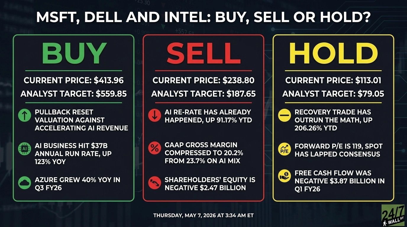An infographic titled 'MSFT, DELL AND INTEL: BUY, SELL OR HOLD?' is divided into three vertical sections: BUY (green), SELL (red), and HOLD (yellow). The BUY section for Microsoft shows a current price of $413.96 and an analyst target of $559.85, with reasons including AI revenue acceleration and Azure growth. The SELL section for Dell Technologies lists a current price of $238.80 and an analyst target of $187.65, with reasons like AI re-rate already happening, compressed GAAP gross margin, and negative shareholders' equity. The HOLD section for Intel displays a current price of $113.01 and an analyst target of $79.05, with reasons such as recovery trade outrunning math, high forward P/E, and negative free cash flow. A footer indicates the date and time: 'THURSDAY, MAY 7, 2026 AT 3:34 AM ET'.