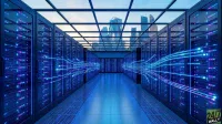 A wide shot of a modern, glowing blue data center corridor. Rows of tall, dark server racks with purple and blue lights line both sides, creating a sense of depth. Streaks of bright blue light, resembling digital data, flow horizontally across the center. Above, a glass ceiling reveals a skyline of contemporary skyscrapers against a light blue sky. The floor is reflective blue with subtle grid lines.