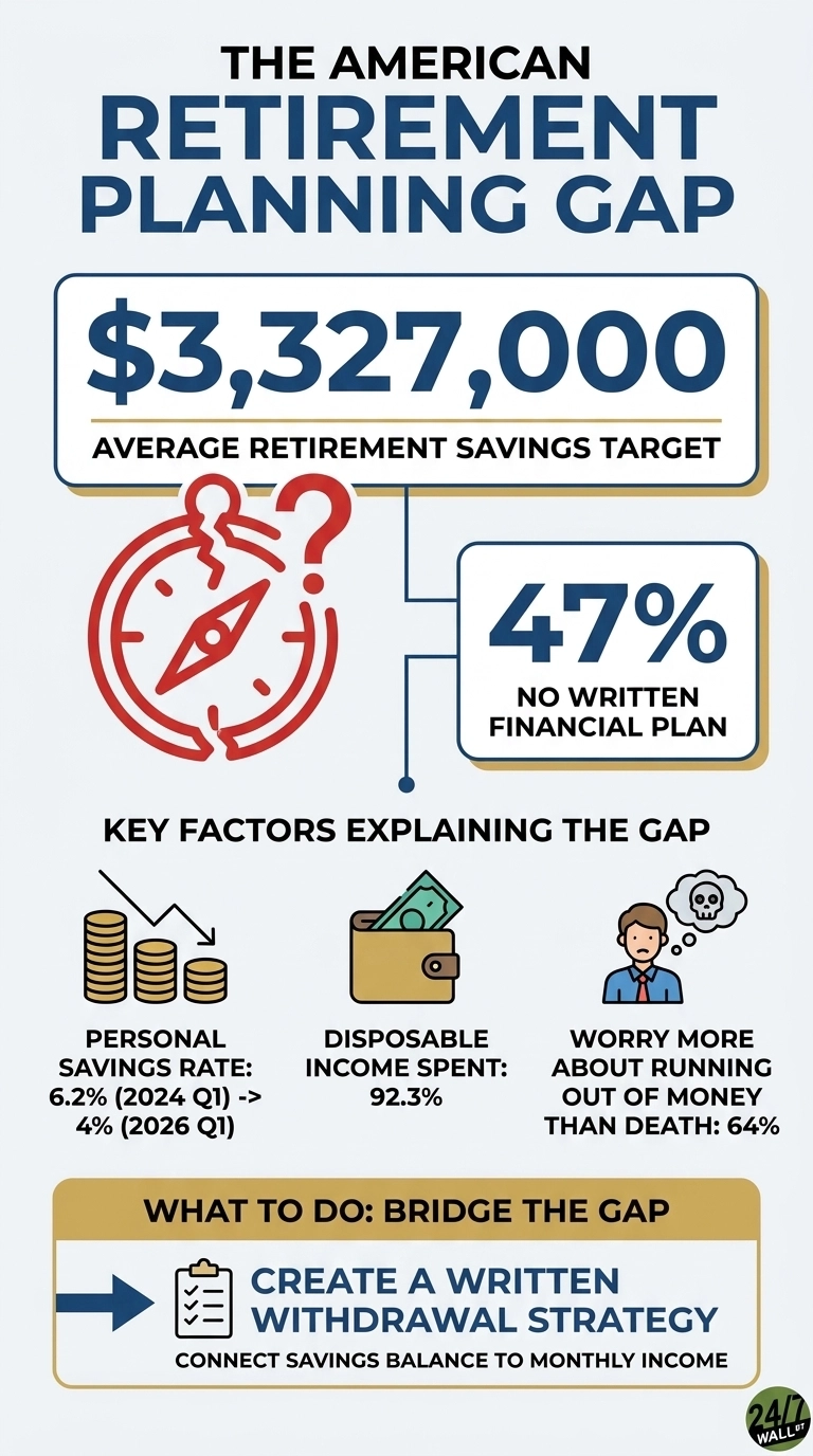 An infographic titled 'THE AMERICAN RETIREMENT PLANNING GAP'. The top section prominently displays '$3,327,000' labeled 'AVERAGE RETIREMENT SAVINGS TARGET'. Below this, a red compass with a question mark icon is linked to a box stating '47% NO WRITTEN FINANCIAL PLAN'. The section 'KEY FACTORS EXPLAINING THE GAP' includes three visual elements: stacked coins with a downward arrow indicating 'PERSONAL SAVINGS RATE: 6.2% (2024 Q1) -> 4% (2026 Q1)'; a wallet with money showing 'DISPOSABLE INCOME SPENT: 92.3%'; and a person worrying with a skull thought bubble stating 'WORRY MORE ABOUT RUNNING OUT OF MONEY THAN DEATH: 64%'. The bottom section, 'WHAT TO DO: BRIDGE THE GAP', features an arrow pointing to a clipboard icon and the text 'CREATE A WRITTEN WITHDRAWAL STRATEGY' with a sub-line 'CONNECT SAVINGS BALANCE TO MONTHLY INCOME'. A 24/7 WALL ST logo is in the bottom right corner.