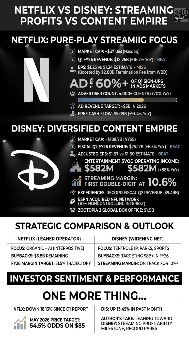 An infographic comparing Netflix and Disney against a dark background. The top section, 'Netflix: Pure-Play Streaming Focus,' features the Netflix 'N' logo alongside bullet points detailing its market cap of ~$371.6B (Nasdaq), Q1 FY26 revenue of $12.25B (+16.2% YoY – BEAT), EPS of $1.23 vs $1.34 ESTIMATE – MISS (Boosted by $2.80B Termination Fee from WBD), Ad Tier 60%+ of Q1 sign-ups in ads markets, advertiser count of 4,000+ clients (+70% YoY) represented by a progress bar, ad revenue target of ~$3B in 2026, and free cash flow of $5.09B (+91.4% YoY). Below this, 'Disney: Diversified Content Empire' shows the Disney 'D' logo with bullet points on its market cap of ~$188.7B (NYSE), Fiscal Q2 FY26 revenue of $25.17B (+6.5% YoY – BEAT), adjusted EPS of $1.57 vs $1.50 ESTIMATE – BEAT, Entertainment SVOD operating income of $582M (+88% YoY), streaming margin first double-digit at 10.6%, Experiences: record Fiscal Q2 revenue ($9.49B), ESPN acquired NFL Network (10% noncontrolling interest), and Zootopia 2 global box office of $1.9B. A 'Strategic Comparison & Outlook' section in the middle outlines 'Netflix (Leaner Operator)' focus (Organic + AI (Interpositive)), buybacks ($6.8B remaining), FY26 margin target (31.5% trajectory), and 'Disney (Widening Net)' focus (Tentpole IP, Parks, Sports), buybacks (targeting $8B+ in FY26), and streaming margin (on track for 10%+). The bottom section, 'Investor Sentiment & Performance,' states NFLX is down 18.13% since Q1 report with a May 2026 price target of 54.5% odds on $85, and DIS is up 13.45% in past month, with the author's take leaning toward Disney: streaming profitability milestone, record parks.