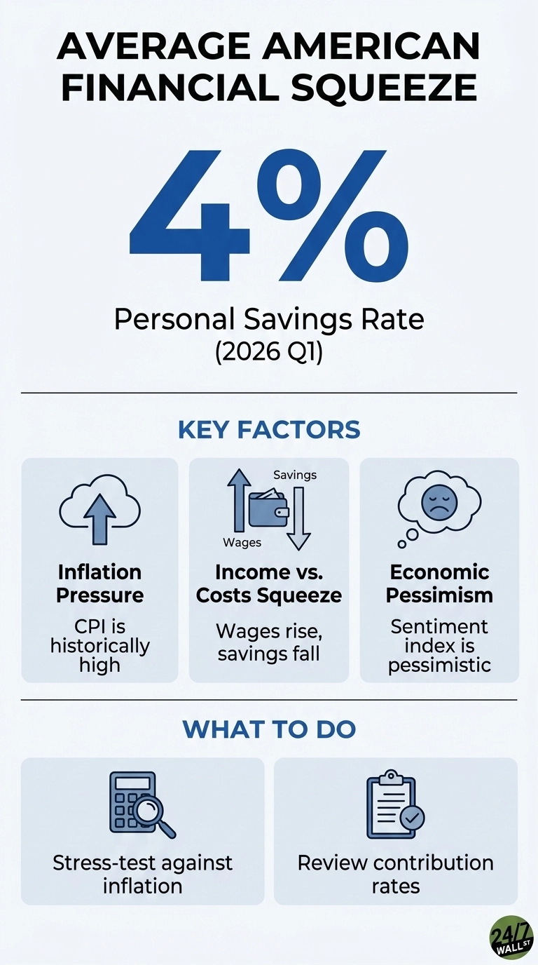 Infographic titled 'Average American Financial Squeeze'. A large blue '4%' is displayed, identified as the 'Personal Savings Rate (2026 Q1)'. Below this, a section titled 'KEY FACTORS' lists three points: 'Inflation Pressure' with an upward arrow in a cloud icon and text 'CPI is historically high'; 'Income vs. Costs Squeeze' with an icon showing an upward arrow labeled 'Wages' and a downward arrow labeled 'Savings' sandwiching a wallet, with text 'Wages rise, savings fall'; and 'Economic Pessimism' with a sad face in a thought bubble icon and text 'Sentiment index is pessimistic'. The final section, 'WHAT TO DO', lists two suggestions: 'Stress-test against inflation' with a calculator and magnifying glass icon; and 'Review contribution rates' with a clipboard and checkmark icon. The overall color scheme is white, black, and blue.