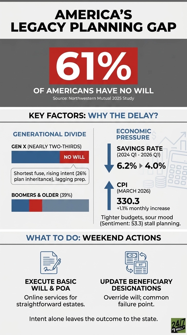 An infographic titled 'AMERICA'S LEGACY PLANNING GAP' which states '61% OF AMERICANS HAVE NO WILL' from a Northwestern Mutual 2025 Study. Below, a section 'KEY FACTORS: WHY THE DELAY?' shows two categories. 'GENERATIONAL DIVIDE' has a bar chart for Gen X showing 'NO WILL' and text 'Shortest fuse, rising intent (26% plan inheritance), lagging prep.' Another bar chart for 'BOOMERS & OLDER (39%)' is displayed. 'ECONOMIC PRESSURE' shows a down arrow indicating 'SAVINGS RATE (2024 Q1 - 2026 Q1)' from 6.2% to 4.0%, and an up arrow for 'CPI (MARCH 2026)' at 330.3 (+1.1% monthly increase), with text 'Tighter budgets, sour mood (Sentiment: 53.3) stall planning.' The bottom section, 'WHAT TO DO: WEEKEND ACTIONS,' suggests 'EXECUTE BASIC WILL & POA' with an icon of a document and pen, and text 'Online services for straightforward estates. Intent alone leaves the outcome to the state.' The second action is 'UPDATE BENEFICIARY DESIGNATIONS' with an icon of documents and refresh arrows, and text 'Override will; common failure point.'