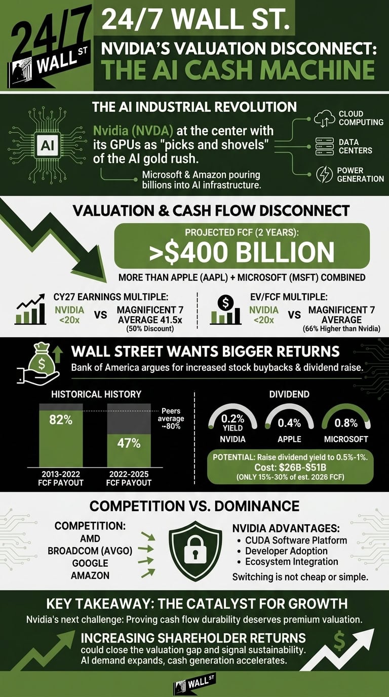 A detailed financial infographic showing Nvidia's projected $400 billion cash flow and valuation metrics compared to other tech giants like Apple and Microsoft.