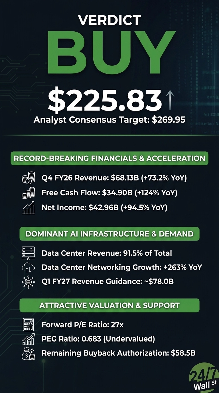 An infographic with a dark background and circuit board patterns, presenting a 'VERDICT BUY' for a stock. The current price is displayed as $225.83 with an upward arrow, and the Analyst Consensus Target is $269.95. The infographic is divided into three sections with green headers: 'RECORD-BREAKING FINANCIALS & ACCELERATION', 'DOMINANT AI INFRASTRUCTURE & DEMAND', and 'ATTRACTIVE VALUATION & SUPPORT'. Under 'RECORD-BREAKING FINANCIALS & ACCELERATION', data points are: Q4 FY26 Revenue: $68.13B (+73.2% YoY), Free Cash Flow: $34.90B (+124% YoY), Net Income: $42.96B (+94.5% YoY). Under 'DOMINANT AI INFRASTRUCTURE & DEMAND', data points are: Data Center Revenue: 91.5% of Total, Data Center Networking Growth: +263% YoY, Q1 FY27 Revenue Guidance: ~$78.0B. Under 'ATTRACTIVE VALUATION & SUPPORT', data points are: Forward P/E Ratio: 27x, PEG Ratio: 0.683 (Undervalued), Remaining Buyback Authorization: $58.5B. Each data point has a corresponding icon.
