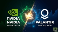 A graphic depicting a direct comparison between NVIDIA and Palantir. The left side is green, showing the NVIDIA logo and 'NVIDIA NASDAQ: NVDA' text. The right side is blue, featuring the Palantir logo and 'PALANTIR NASDAQ: PLTR' text. A bright, glowing 'VS.' symbol with lightning bolts splits the two sides, against a background of digital circuit patterns and stock market charts, symbolizing a competition.