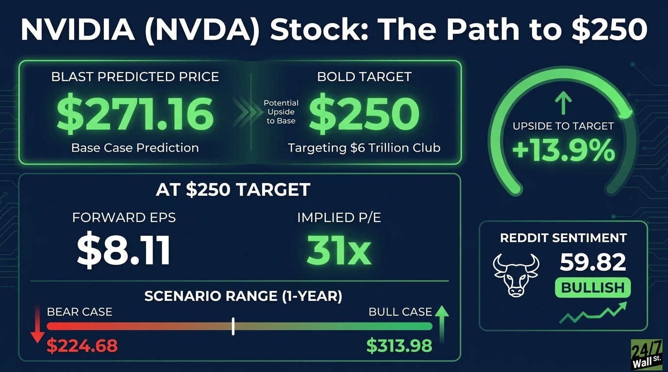 An infographic titled 'NVIDIA (NVDA) Stock: The Path to $250' on a dark blue background with bright green accents. The top left section shows 'BLAST PREDICTED PRICE $271.16 Base Case Prediction'. Next to it, the top middle section shows 'BOLD TARGET $250 Targeting $6 Trillion Club'. An arc diagram on the top right indicates 'UPSIDE TO TARGET +13.9%'. The middle left section details 'AT $250 TARGET' with 'FORWARD EPS $8.11' and 'IMPLIED P/E 31x'. Below this, a horizontal bar illustrates a 'SCENARIO RANGE (1-YEAR)' from a 'BEAR CASE $224.68' in red to a 'BULL CASE $313.98' in green. The bottom right section displays 'REDDIT SENTIMENT 59.82 BULLISH' with a bull icon and an upward trending line graph. A '24/7 Wall St.' logo is in the bottom right corner.