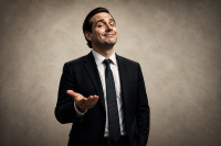 portrait of a confident man in a dark suit smirking and gesturing with one hand against a clean textured background.