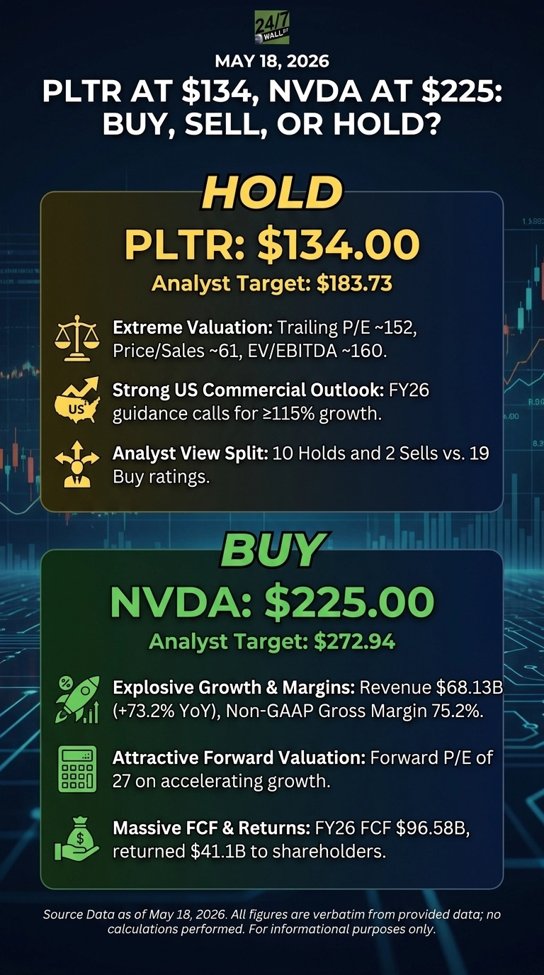 An infographic titled 'PLTR AT $134, NVDA AT $225: BUY, SELL, OR HOLD?' dated May 18, 2026, on a dark blue background with subtle digital patterns. The top section, highlighted in gold, recommends 'HOLD' for Palantir (PLTR) at $134.00, with an analyst target of $183.73. Reasons include 'Extreme Valuation' (Trailing P/E ~152, Price/Sales ~61, EV/EBITDA ~160), 'Strong US Commercial Outlook' (FY26 guidance calls for >=115% growth), and 'Analyst View Split' (10 Holds and 2 Sells vs. 19 Buy ratings). The bottom section, highlighted in green, recommends 'BUY' for NVIDIA (NVDA) at $225.00, with an analyst target of $272.94. Reasons include 'Explosive Growth & Margins' (Revenue $68.13B (+73.2% YoY), Non-GAAP Gross Margin 75.2%), 'Attractive Forward Valuation' (Forward P/E of 27 on accelerating growth), and 'Massive FCF & Returns' (FY26 FCF $96.58B, returned $41.1B to shareholders). The 24/7 WALL ST logo is visible at the top center. A disclaimer at the bottom states 'Source Data as of May 18, 2026. All figures are verbatim from provided data; no calculations performed. For informational purposes only.'