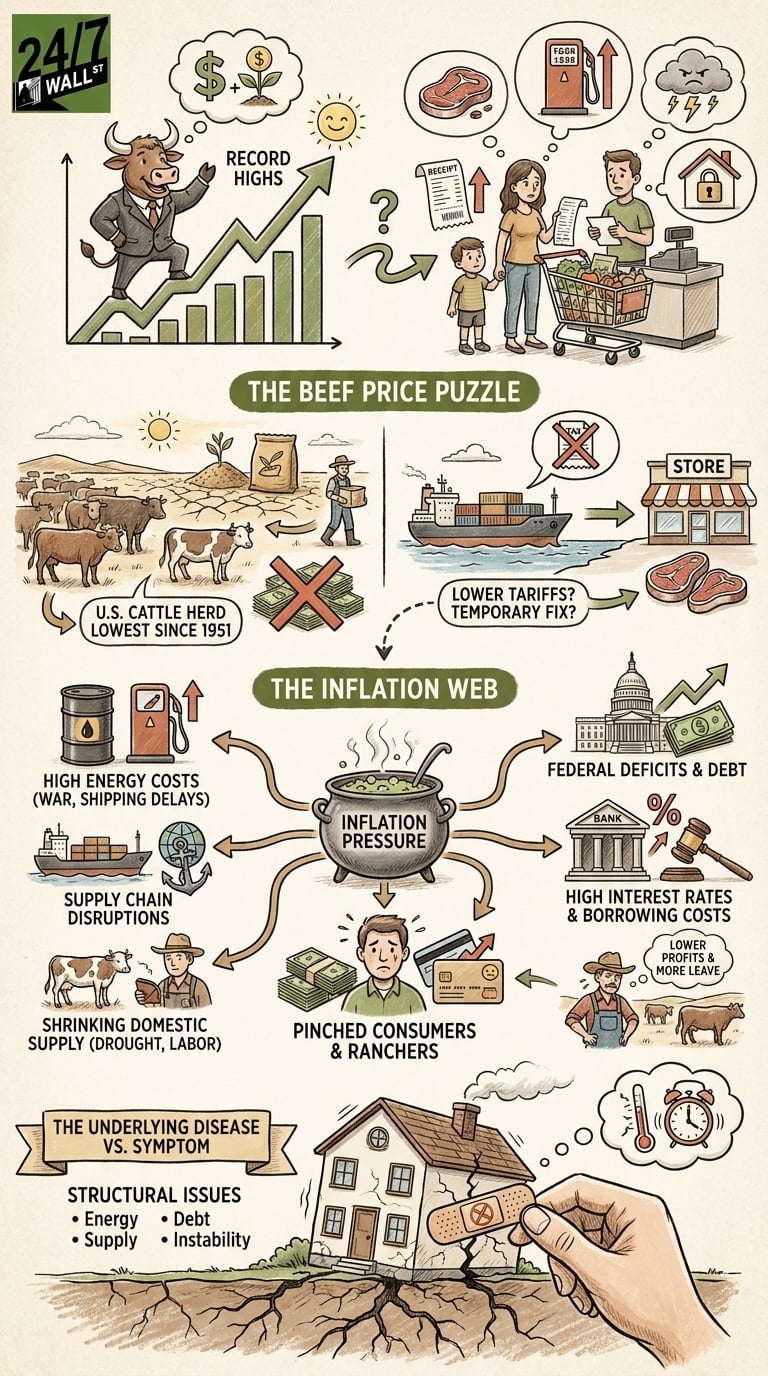 An infographic titled 'The Inflation Web' illustrating the disconnect between a booming stock market and the rising costs of beef, fuel, and housing due to structural economic issues.