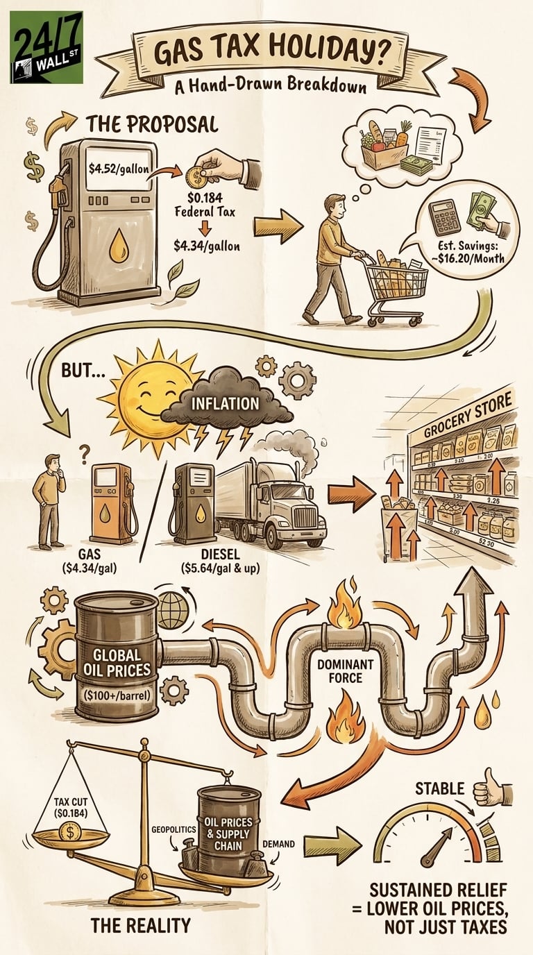 A hand-drawn infographic showing a scale that weighs a tiny $0.18 gas tax cut against a massive barrel representing global oil prices and supply chain issues.