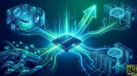 A vibrant, glowing blue and green graphic shows a central Qualcomm microprocessor chip emitting bright light trails. These trails connect the chip to augmented reality glasses displaying data, the dashboard of a connected car with networked vehicles, and multiple server racks with glowing brain icons representing artificial intelligence. An upward-pointing arrow on the right side of the image signifies growth and advancement, all set against a dark, futuristic background.