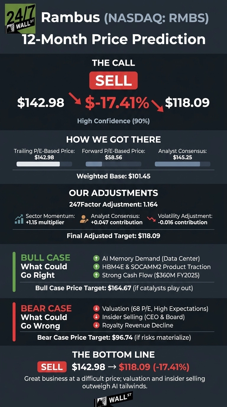 An infographic titled 'Rambus (NASDAQ: RMBS) 12-Month Price Prediction' with a dark background and prominent white, red, and green text. The main call is 'SELL', indicating a price movement from $142.98 to $118.09, a -17.41% change, with high confidence (90%). Sections include 'How We Got There' with Trailing P/E-Based Price: $142.98, Forward P/E-Based Price: $58.56, Analyst Consensus: $145.25, and a Weighted Base: $101.45. 'Our Adjustments' details a 247Factor Adjustment: 1.164, Sector Momentum: +1.15 multiplier, Analyst Consensus: +0.047 contribution, and Volatility Adjustment: -0.016 contribution, leading to a Final Adjusted Target: $118.09. A 'Bull Case' section, colored green, lists positive factors like AI Memory Demand and HBM4E & SOCAMM2 Product Traction, with a Bull Case Price Target: $164.67. A 'Bear Case' section, colored red, lists negative factors such as Valuation (68 P/E), Insider Selling, and Royalty Revenue Decline, with a Bear Case Price Target: $96.74. The infographic concludes with 'The Bottom Line', reiterating the 'SELL' call for $142.98 down to $118.09 (-17.41%).