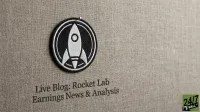 A white rocket inside a black circular border, an embroidered patch, is pinned with a silver thumbtack onto a light brown, textured fabric background. Below the patch, black text reads 'Live Blog: Rocket Lab Earnings News & Analysis'. In the bottom right corner is the green '24/7 WALL ST' logo.
