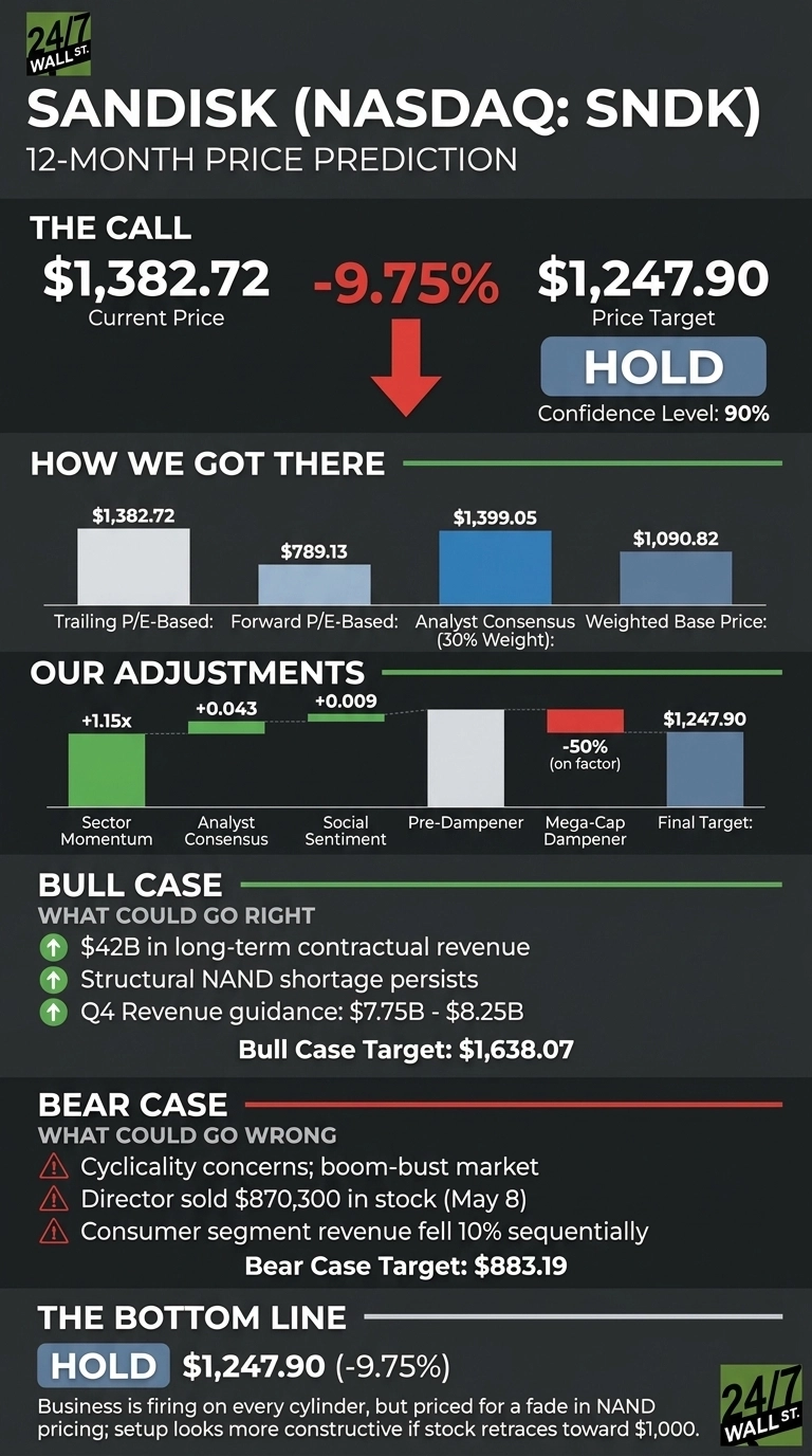 An infographic titled 'Sandisk (NASDAQ: SNDK) 12-Month Price Prediction' with a dark background. It shows a current price of $1,382.72 and a 12-month price target of $1,247.90, indicating a -9.75% change with a red downward arrow, recommending a 'HOLD' with 90% confidence. Bar charts illustrate the derivation of the weighted base price from Trailing P/E, Forward P/E, and Analyst Consensus, followed by adjustments for Sector Momentum, Analyst Consensus, Social Sentiment, Pre-Dampener, and a Mega-Cap Dampener leading to the final target. Bulleted lists detail a Bull Case with a target of $1,638.07, citing $42B in long-term contractual revenue, persistent NAND shortage, and Q4 revenue guidance. A Bear Case with a target of $883.19 lists concerns like cyclicality, a director stock sale on May 8, and a 10% sequential drop in consumer segment revenue. The bottom line reiterates a 'HOLD' rating and provides a qualitative business outlook.