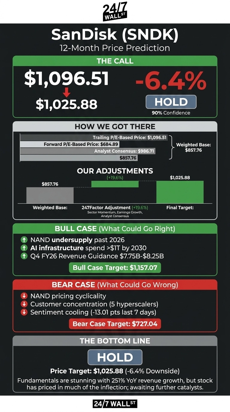 An infographic titled 'SanDisk (SNDK) 12-Month Price Prediction'. The top section, 'THE CALL,' shows a starting value of $1,096.51 moving to a target of $1,025.88, representing a -6.4% change, with a 'HOLD' recommendation and 90% confidence. Below, 'HOW WE GOT THERE' details a weighted base of $857.76 derived from Trailing P/E-Based Price $1,096.51, Forward P/E-Based Price $684.89, and Analyst Consensus $986.71. 'OUR ADJUSTMENTS' illustrates that the weighted base of $857.76 is increased by a 247Factor Adjustment (+19.6%) to reach the Final Target of $1,025.88. The 'BULL CASE' lists factors such as NAND undersupply past 2026 and AI infrastructure spend >$1T by 2030, leading to a Bull Case Target of $1,157.07. The 'BEAR CASE' highlights risks like NAND pricing cyclicality and customer concentration, resulting in a Bear Case Target of $727.04. The 'BOTTOM LINE' reiterates a 'HOLD' recommendation with a Price Target of $1,025.88, indicating a -6.4% Downside.