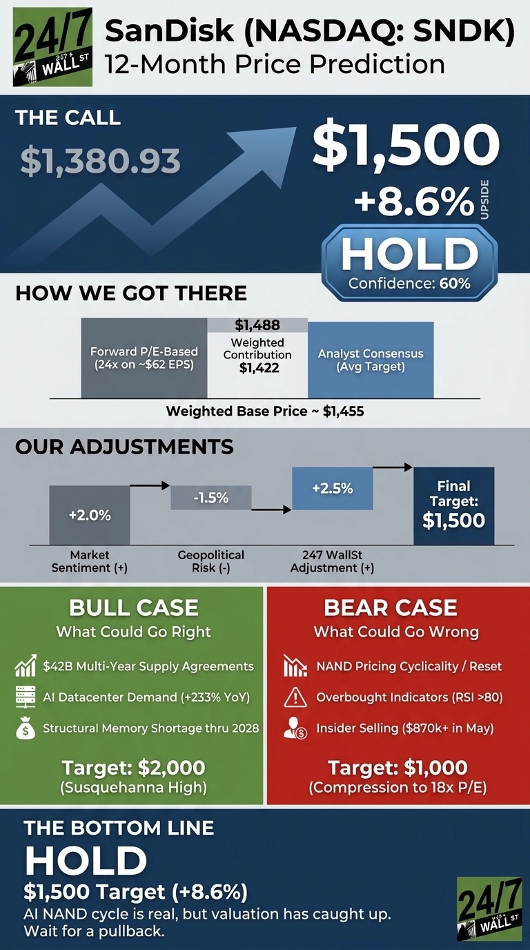 An infographic titled 'SanDisk (NASDAQ: SNDK) 12-Month Price Prediction'. 'THE CALL' section shows a current price of $1,380.93 and an arrow pointing to a target price of $1,500, indicating an 8.6% upside, with a 'HOLD' rating and 60% confidence. 'HOW WE GOT THERE' displays bars for Forward P/E-Based ($1,488), Weighted Contribution ($1,422), and Analyst Consensus (Avg Target), leading to a Weighted Base Price of ~$1,455. 'OUR ADJUSTMENTS' shows a waterfall chart with Market Sentiment (+2.0%), Geopolitical Risk (-1.5%), and 247 WallSt Adjustment (+2.5%), resulting in a Final Target of $1,500. The 'BULL CASE' (green section) lists reasons like $42B Multi-Year Supply Agreements, AI Datacenter Demand (+233% YoY), and Structural Memory Shortage thru 2028, with a Target of $2,000. The 'BEAR CASE' (red section) lists reasons like NAND Pricing Cyclicality / Reset, Overbought Indicators (RSI >80), and Insider Selling ($870k+ in May), with a Target of $1,000. 'THE BOTTOM LINE' reiterates 'HOLD' with a $1,500 Target (+8.6%) and explains: 'AI NAND cycle is real, but valuation has caught up. Wait for a pullback.' The 24/7 Wall St. logo is visible.
