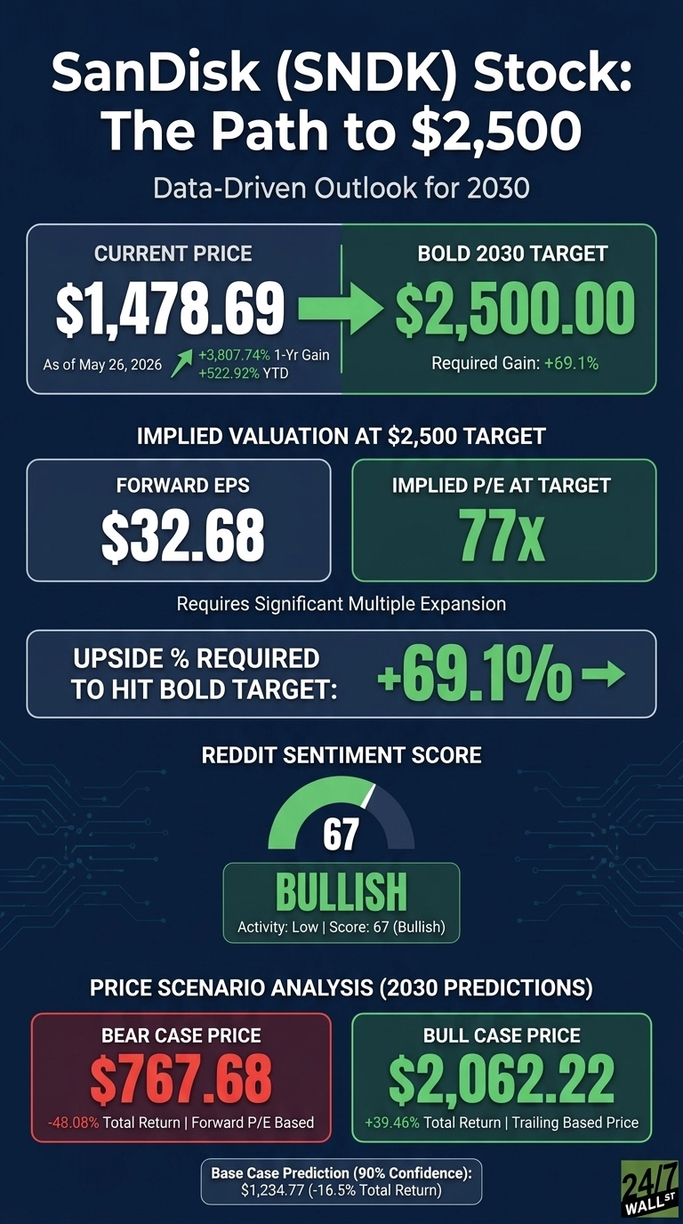 An infographic titled 'SanDisk (SNDK) Stock: The Path to $2,500, Data-Driven Outlook for 2030.' It features a dark blue background with circuit board graphics. The current price as of May 26, 2026, is displayed as $1,478.69, with a +3,807.74% 1-Yr Gain and +522.92% YTD. An arrow points to the bold 2030 target of $2,500.00, requiring a +69.1% gain. Implied valuation at the $2,500 target shows Forward EPS of $32.68 and an Implied P/E of 77x, noting it 'Requires Significant Multiple Expansion.' The 'Upside % Required to Hit Bold Target' is +69.1%. A Reddit Sentiment Score shows 67 and is labeled 'BULLISH' with 'Activity: Low | Score: 67 (Bullish)'. The 'Price Scenario Analysis (2030 Predictions)' includes a Bear Case Price of $767.68 (-48.08% Total Return | Forward P/E Based) in a red box, and a Bull Case Price of $2,062.22 (+39.46% Total Return | Trailing Based Price) in a green box. Below these, the Base Case Prediction (90% Confidence) is $1,234.77 (-16.5% Total Return).