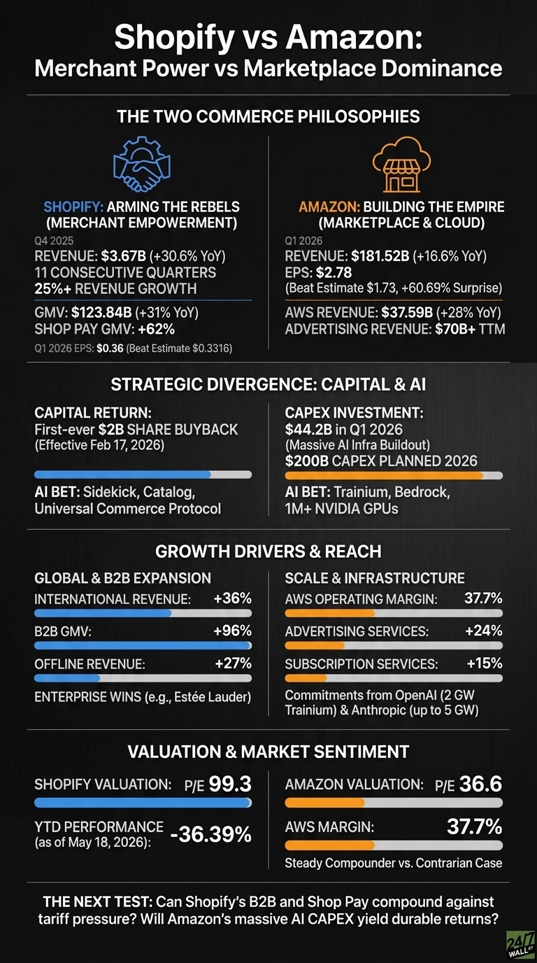 An infographic titled 'Shopify vs Amazon: Merchant Power vs Marketplace Dominance' compares the two companies' performance and strategies. It is divided into sections: 'The Two Commerce Philosophies', 'Strategic Divergence: Capital & AI', 'Growth Drivers & Reach', and 'Valuation & Market Sentiment'. Shopify's data is presented in blue, featuring Q4 2025 revenue of $3.67B, Q1 2026 EPS of $0.36, a $2B share buyback, and growth in international, B2B, and offline revenue. Amazon's data is presented in orange, showing Q1 2026 revenue of $181.52B, EPS of $2.78, Q1 2026 CAPEX of $44.2B, and growth in AWS operating margin, advertising, and subscription services. Bar charts illustrate growth percentages and valuation metrics for both companies. Shopify's P/E is 99.3 with a YTD performance of -36.39% as of May 18, 2026, while Amazon's P/E is 36.6 and AWS margin is 37.7%. The infographic concludes with 'The Next Test' section.