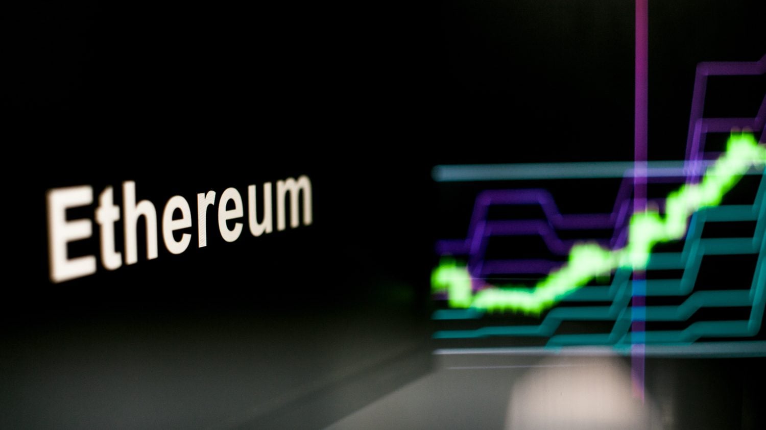 Ethereum Cryptocurrency token. Rise in price and Growth of quotations, the green graph up. The behavior of the cryptocurrency exchanges, concept. Modern financial technologies.
