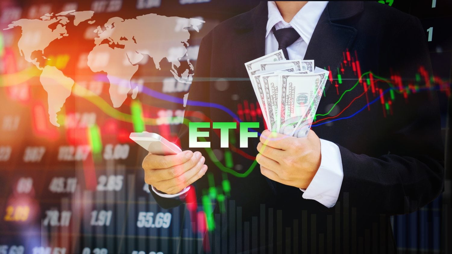 Business team investor think before buying stock market investment investor analysis of ETF Exchange traded fund stock market trading investment financial concept.