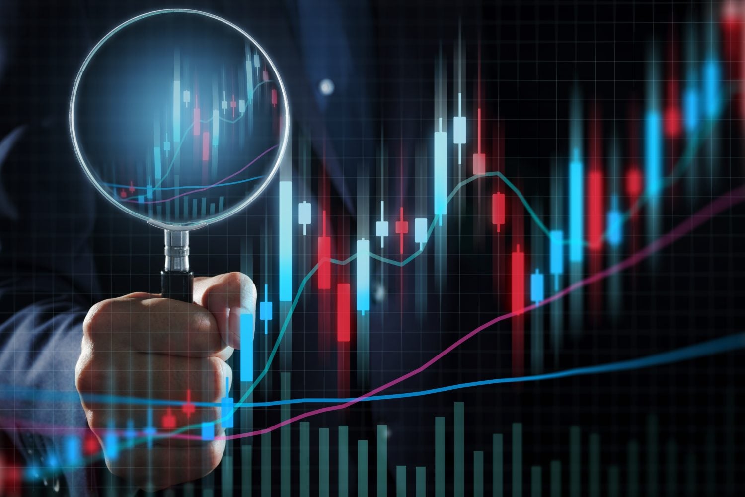 Investor analyzing chart of stock market price movements. Stock investment strategy for buying and selling opportunities. Man holding a magnifying glass and analyzing.