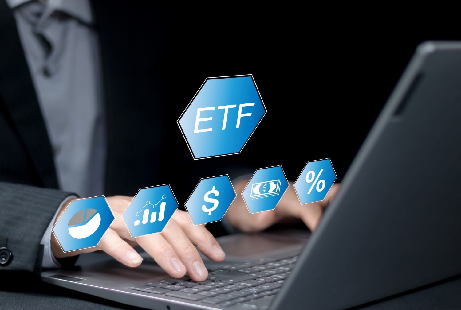 ETF Investment Concept. Exchange Traded Fund, Businessman with ETF icons, representing financial and investment concepts like exchange-traded funds, money, and interest rates. Stock market index fund,