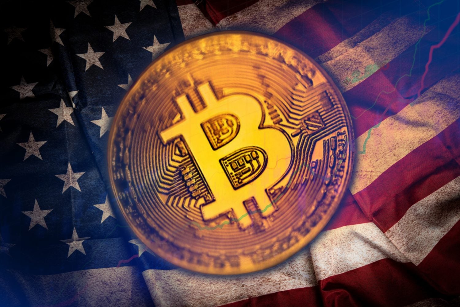 Closeup of Bitcoin on USA flag, United States buying the digital currency concept.