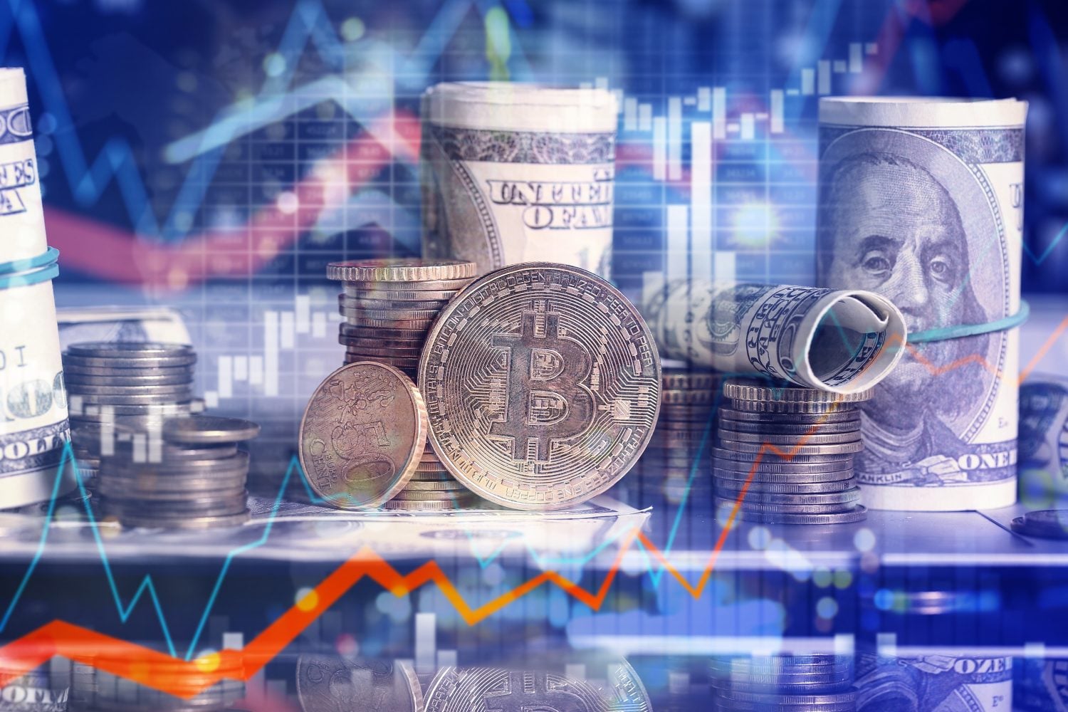 Double exposure of exchange rates diagrams and money on table