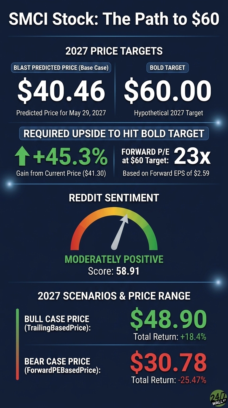 An infographic titled 'SMCI Stock: The Path to $60' on a dark blue background. The '2027 PRICE TARGETS' section displays a 'BLAST PREDICTED PRICE (Base Case)' of $40.46 for May 29, 2027, and a 'BOLD TARGET' of $60.00 as a hypothetical 2027 target. Below, 'REQUIRED UPSIDE TO HIT BOLD TARGET' shows a +45.3% gain from the current price of $41.30, and a 'FORWARD P/E at $60 Target' of 23x based on Forward EPS of $2.59. The 'REDDIT SENTIMENT' section features a speedometer-like gauge indicating 'MODERATELY POSITIVE' with a score of 58.91. The '2027 SCENARIOS & PRICE RANGE' section lists a 'BULL CASE PRICE (TrailingBasedPrice)' of $48.90 with a Total Return of +18.4%, and a 'BEAR CASE PRICE (ForwardPEBasedPrice)' of $30.78 with a Total Return of -25.47%.