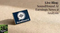 A dark blue rectangular enamel pin with a silver border and the SoundHound AI logo rests on a light brown woven fabric surface. The logo consists of a white speech bubble with black vertical sound wave lines, positioned above the silver text 'SoundHound AI'. In the upper right corner, black serif text reads 'Live Blog: SoundHound AI Earnings News & Analysis'. A green and black '24/7 WALL ST' logo is visible in the bottom left.