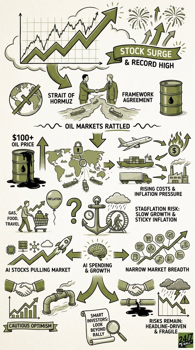 An infographic showing a stock market surge alongside icons of oil tankers, leaking barrels, a brain representing AI, and a man in a hamster wheel labeled stagflation risk.