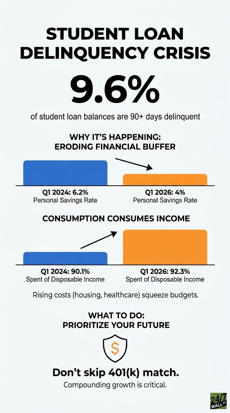 Una infografía titulada 'CRISIS DE MOROSIDAD DE PRÉSTAMOS ESTUDIANTILES' muestra una gran estadística: el '9,6%' de los saldos de préstamos estudiantiles tienen más de 90 días de morosidad. La sección 'POR QUÉ ESTÁ SUCEDIENDO: EROSIÓN DEL RESERVA FINANCIERA' utiliza dos barras horizontales para mostrar la tasa de ahorro personal disminuyendo del 6,2% en el primer trimestre de 2024 (barra azul) al 4% en el primer trimestre de 2026 (barra naranja). La sección 'EL CONSUMO CONSUME LOS INGRESOS' utiliza dos barras horizontales para mostrar que el 'Gasto de ingresos disponibles' aumenta del 90,1% en el primer trimestre de 2024 (barra azul) al 92,3% en el primer trimestre de 2026 (barra naranja), señalando costos crecientes como la vivienda y la atención médica que reducen los presupuestos. La sección final, 'QUÉ HACER: PRIORIZA TU FUTURO', presenta un ícono de escudo con un signo de dólar y el texto: 'No te saltes la coincidencia 401(k). El crecimiento compuesto es fundamental”. El 'WALL ST. 24 horas al día, 7 días a la semana'. El logotipo es visible.