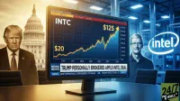 A composite image with a central computer monitor displaying a stock chart for INTC (Intel), showing its price climbing from $20 to $125 over several years. The monitor screen also features text 'TRUMP PERSONALLY BROKERED APPLE-INTEL DEAL'. To the left, former President Donald Trump stands with the U.S. Capitol in the background. To the right, Apple CEO Tim Cook stands in a modern, blue-toned facility, with the Intel logo prominent. A '24/7 WALL ST' logo is in the bottom right corner.
