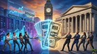 An illustrative graphic shows two teams of diverse professionals in a tug-of-war. The left team pulls a glowing fiber optic cable towards data servers and transparent screens displaying 'Alphabet' (NASDAQ:GOOGL) and 'Amazon' (NASDAQ:AMZN) stock charts with upward trends. The right team pulls a glowing golden chain connected to stacks of currency towards the United States Treasury building and glowing US dollar bills, labeled 'US Treasury' with '-1.0% YIELD' and '-4.50% YIELD'. A tall clock tower stands in the center, displaying 'MAY 10, 2026' and '10:53 AM'. The background features a city skyline at dusk, with the overall image employing blue, purple, and gold glowing effects.