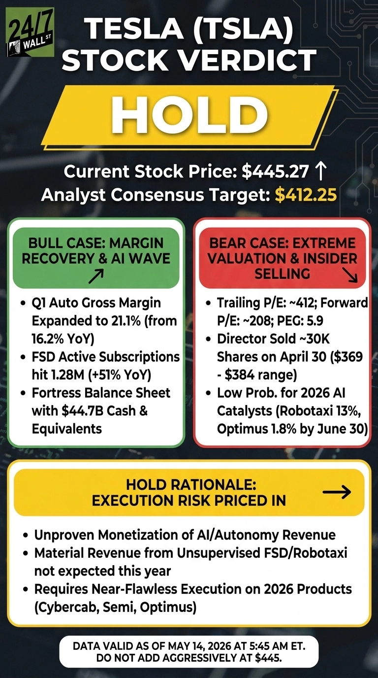 An infographic from 24/7 WALL ST titled 'TESLA (TSLA) STOCK VERDICT: HOLD' on a dark background with circuit board graphics. It displays the current stock price of $445.27 and an analyst consensus target of $412.25. A green section presents the 'BULL CASE: MARGIN RECOVERY & AI WAVE' with bullet points on Q1 auto gross margin, FSD subscriptions, and balance sheet. A red section outlines the 'BEAR CASE: EXTREME VALUATION & INSIDER SELLING' with bullet points on P/E ratios, director share sales, and 2026 AI catalyst probabilities. A yellow section provides the 'HOLD RATIONALE: EXECUTION RISK PRICED IN' with bullet points on monetization, revenue expectations, and execution requirements for 2026 products. A footer indicates the data is valid as of May 14, 2026, at 5:45 AM ET, advising against aggressive additions at $445.