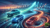 A dynamic digital illustration features three electric vehicles on a multi-lane highway against a futuristic cityscape at dusk. A teal Rivian pickup truck and a blue Tesla sedan are in the foreground, speeding along paths of glowing blue and green light, with financial data streams underneath. A red sports car, resembling a Lucid, breaks apart as it descends into a fiery orange and blue swirling vortex on a lower lane. The background city skyline is illuminated by a large, bright blue upward arrow and various stock charts, symbolizing market growth. The '24/7 WALL ST' logo is visible in the bottom right corner.