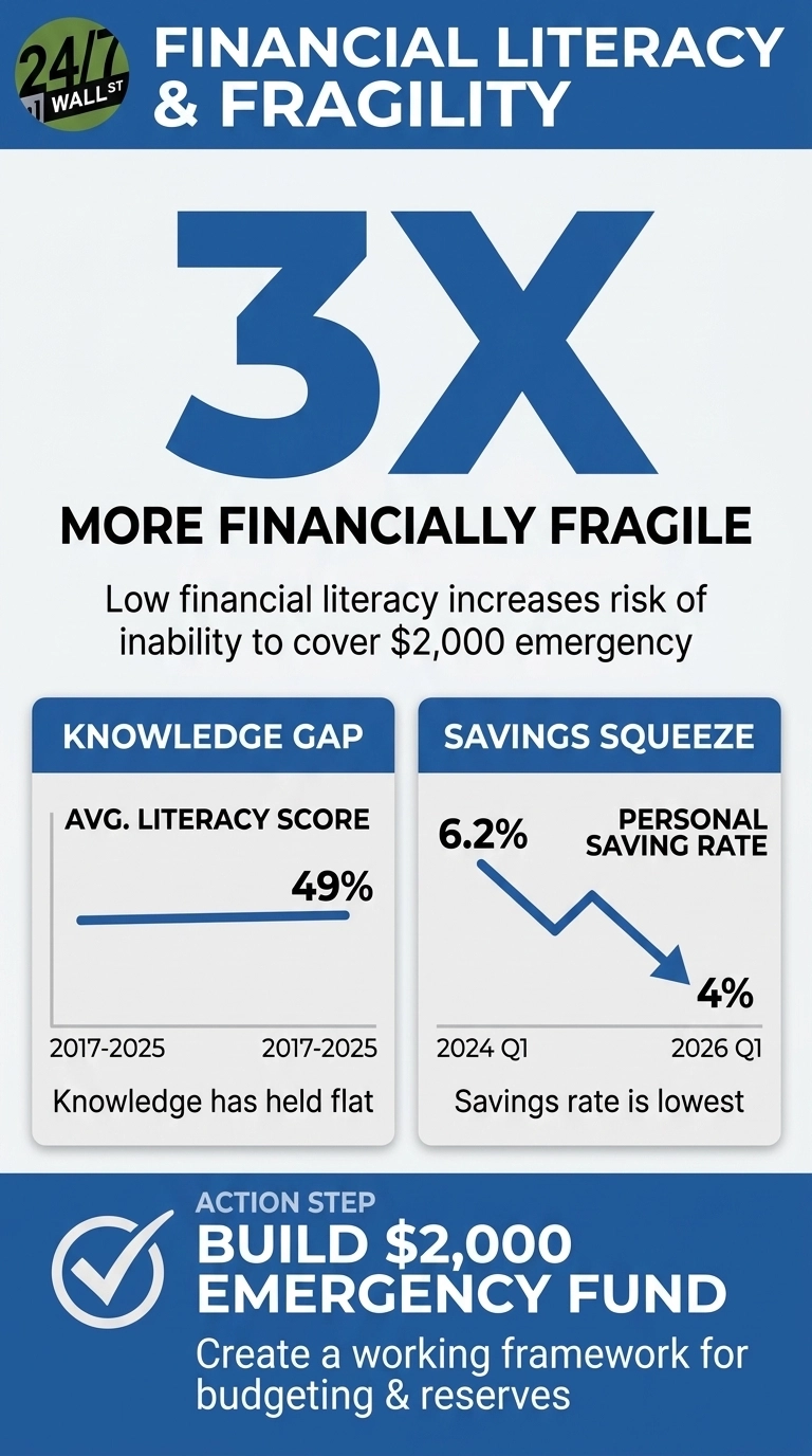 An infographic titled 'Financial Literacy & Fragility' from 24/7 Wall St. The main statement, in large blue text, reads '3X MORE FINANCIALLY FRAGILE,' followed by text stating 'Low financial literacy increases risk of inability to cover $2,000 emergency.' Below this are two side-by-side data boxes. The 'KNOWLEDGE GAP' box shows 'AVG. LITERACY SCORE 49%' with a horizontal blue line labeled '2017-2025' on both ends, and the summary 'Knowledge has held flat.' The 'SAVINGS SQUEEZE' box shows 'PERSONAL SAVING RATE' with a downward sloping blue line graph, indicating '6.2%' in '2024 Q1' and dropping to '4%' in '2026 Q1', with the summary 'Savings rate is lowest.' At the bottom, a blue banner presents an 'ACTION STEP' with a white checkmark icon: 'BUILD $2,000 EMERGENCY FUND' and 'Create a working framework for budgeting & reserves.'